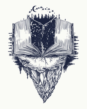 Open book tattoo and t-shirt design. Magic universal book of life on mountain tattoo art. Symbol of wisdom, education, knowledge, literatures, poetry, reading Stock Vector | Adobe Stock Open book tattoo and t-shirt design. Magic universal book of life on mountain tattoo art. Symbol of wisdom, education, knowledge, literatures, poetry, reading Stock Vector | Adobe Stock