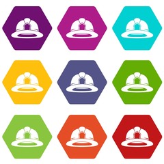 Fireman helmet icon set color hexahedron