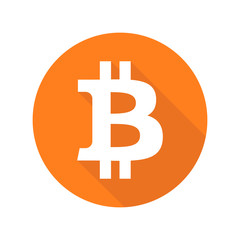 Bitcoin sign icon flat network money symbol sticker. For mobile user interface GUI. Orange icon with shadow cryptocurrency. BTC Icon yellow white.