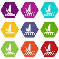 Man on windsurf icon set color hexahedron