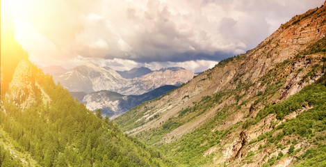 Adventure outdoor, travel - web banner of sunny mountains nature landscape