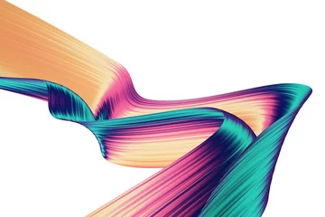 Crédence de cuisine en plexiglas Vague abstraite Abstrait de rendu 3D. Formes torsadées colorées en mouvement. Art numérique généré par ordinateur pour affiche, flyer, fond de bannière ou élément de conception. Ruban d& 39 aluminium holographique sur fond blanc.