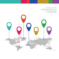 Simple World map info graphic communication template with pointer marks