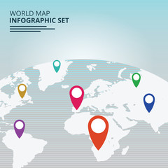 Simple World map info graphic communication template with pointer marks