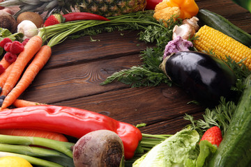 Composition with variety of raw organic vegetables and fruits. Balanced diet