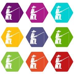 Fisherman with a fishing rod icon set color hexahedron