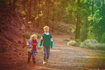 little boy and girl travel hiking in nature