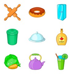 Kitchenware icons set, cartoon style