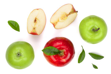 red and green apples with slices and leaves isolated on white background top view. Set or collection. Flat lay pattern