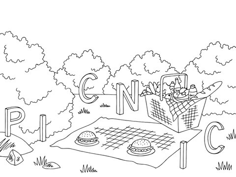 Picnic basket graphic black white landscape sketch illustration vector