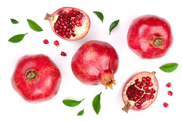 pomegranate with leaves isolated on white background. Top view. Flat lay pattern - obrazy, fototapety, plakaty
