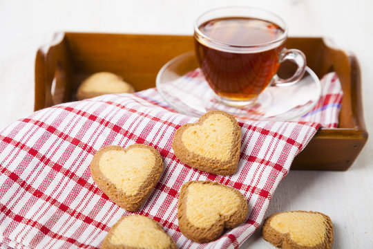 Heart-shaped cookies and tea for St. Valentine's Day.