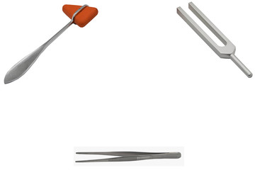 orange hammer jerk for knee and tuning fork for ear and forceps in frame of copy text space