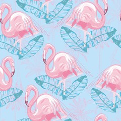 Beautiful seamless vector tropical pattern background with flamingo and hibiscus. Abstract texture, stripes. Perfect for wallpapers, web page backgrounds, surface textures, textile.