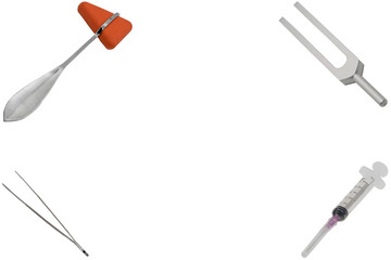 orange hammer jerk for knee and tuning fork for ear and forceps and syringe in frame of copy text space