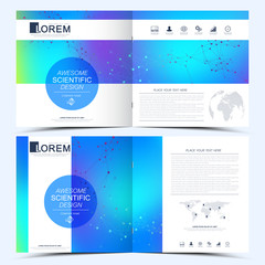 Modern vector template for square brochure, leaflet, flyer, cover, catalog, magazine, annual report. Business, science and technology design book layout. Graphic background molecule and communication.