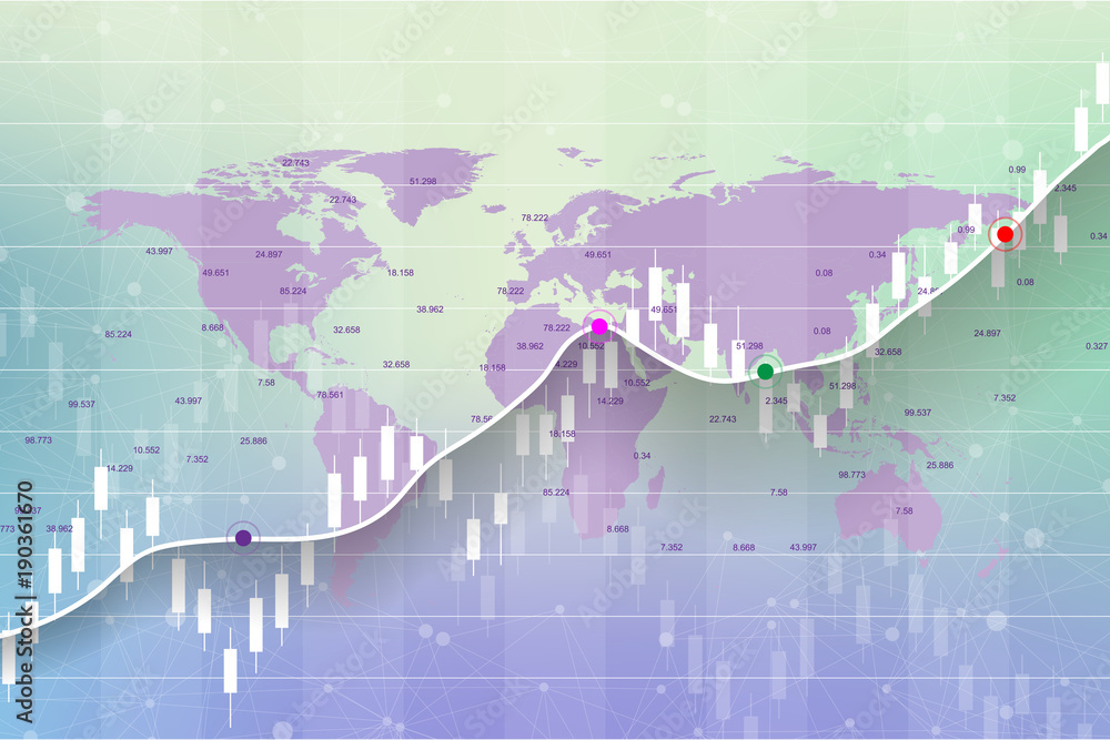 Aufkleber stock market and exchange. candle stick graph chart of stock market investment trading on world map 