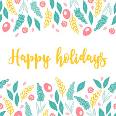 Easter greeting card with seamless floral border - muscari, leaves, eggs