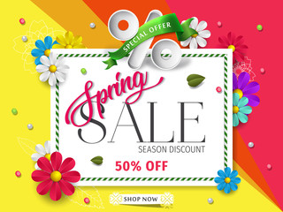 Spring sale background with beautiful colorful flower. Vector illustration. Wallpaper. flyers, posters, brochure, voucher discount. Spring sale banner with paper flowers for online shopping.