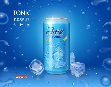 Metallic can with tonic soft drink and ice cube on blue background