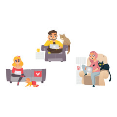 Vector man, girl working from home, remote, freelance work. People sitting at sofa, armchair typing at laptop at knees typing with cat pet, baby toddler near. Isolated illustration, white background