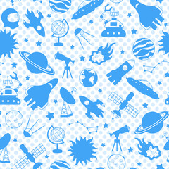 Seamless pattern on the theme of space and space travel ,blue silhouettes icons on a blue background polka dot