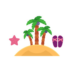 Set of summer beach vacation objects - island with palm trees, starfish and flip flops, flat cartoon vector illustration isolated on white background. Set of palm tree island, starfish and flip flops