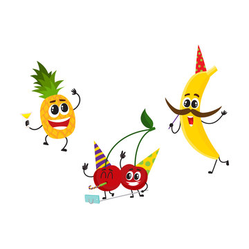 Vector flat fruit characters summer party set. Banana in party hat, mustache pineapple holding cocktail glass dancing, cherry making selfie. Summer vacation, Isolated illustration, white background