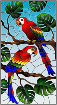 Illustration in stained glass style  with pair of birds parakeet on branch tropical tree against the sky