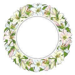 Vector sketch illustration circle frame template. White light pink tulips flower with closed opened blossom leaves pattern. Floral natural decoration background, backdrop element fabric textile design