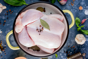 Raw chicken for a recipe, top view, horizontal
