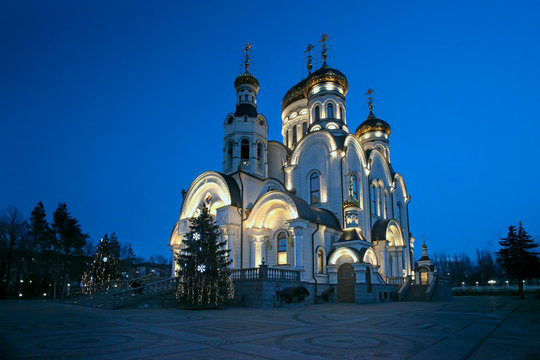 The Epiphany Cathedral. Gorlovka, Ukraine. Winter Christmas night