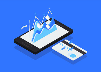 Isometric payment by card online phone.   Earn money. Isometric style. Gradient background.