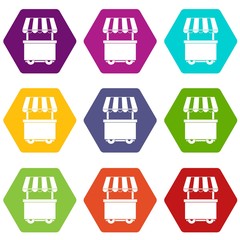 Food trolley with awning icon set color hexahedron