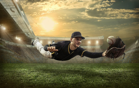 Baseball players in action on the stadium.