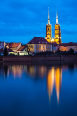 Cathedral of St. John the Baptist in Tumski island at night in Wroclaw, Silesia, Poland