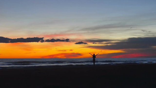 Pretty young woman walking happily along the beach at sunset. A video taken from a distance with a static image and the woman moves slowly from the camera and shows pleasure and happiness in the beaut