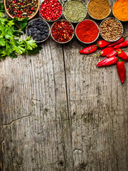 Set of Indian spices on wooden table - Top view