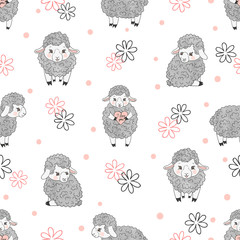 Cute watercolor sheep seamless pattern. Vector kids background with little lambs.