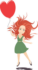 Ginger girl in green dress with heart-shaped balloon isolated on white background. Illustration for greeting card for Saint Valentine's Day. Girl with balloon is flying above the ground. 