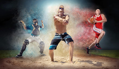 Obraz na płótnie Canvas Collage of team sport players in action around color splash drop