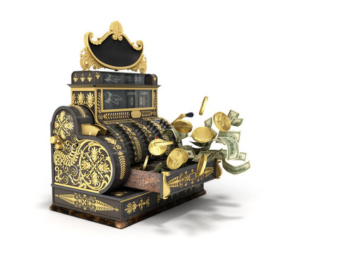 Old vintage cash register with flying money and coins 3d render on white background