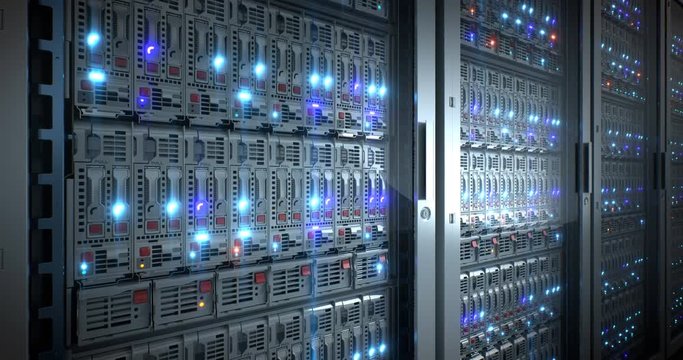 Servers close up. Server. Modern data center. Cloud computing. Mining farm. Loopable seamless animation. 4k UHD
