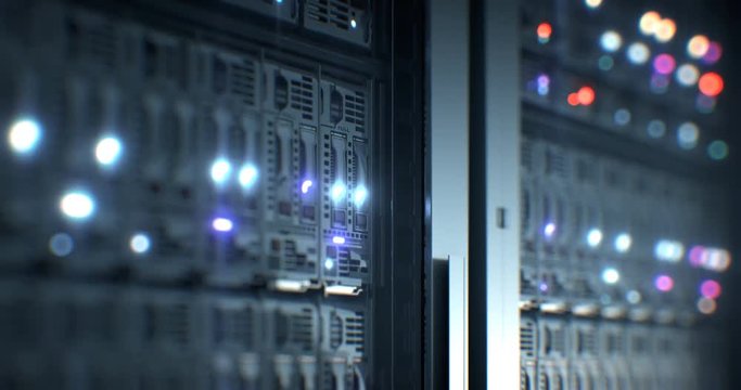 Servers close up. Server. Modern data center. Cloud computing. Mining farm. Loopable seamless animation. 4k UHD