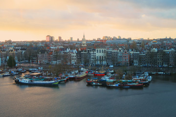 Fototapeta na wymiar Port Of Amsterdam At Sunset