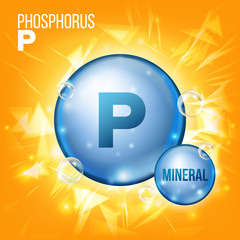 P Phosphorus Vector. Mineral Blue Pill Icon. Vitamin Capsule Pill Icon. Substance For Beauty, Cosmetic, Heath Promo Ads Design. 3D Mineral Complex With Chemical Formula. Illustration