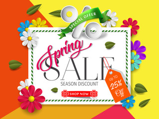 Spring sale up to 25% off background with beautiful colorful flower. Vector illustration. Wallpaper. flyers, posters, brochure, voucher discount. Spring sale banner for online shopping.