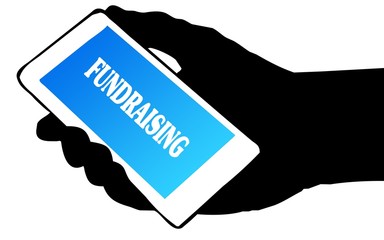 Hand silhouette holding phone with FUNDRAISING text.