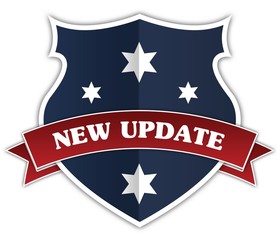 Blue shield and red ribbon with NEW UPDATE text.