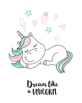 Dream like a unicorn. Vector unicorn quote illustration